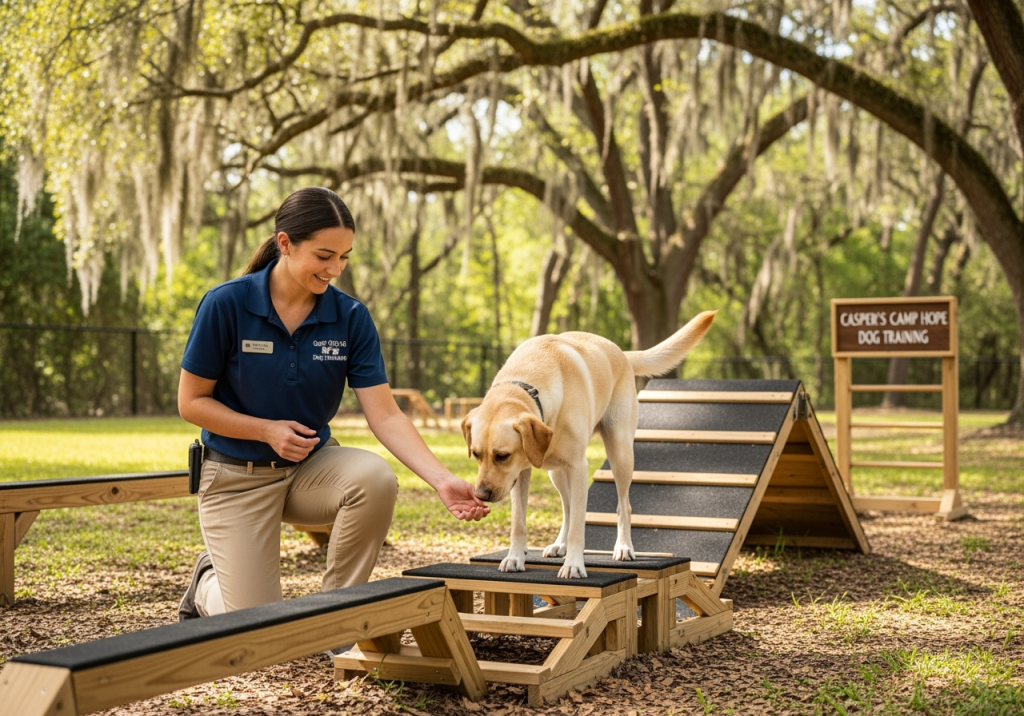 Dog Trainer working on building confidence on a fearful dog at Casper’s Camp Hope Gainesville Dog Training