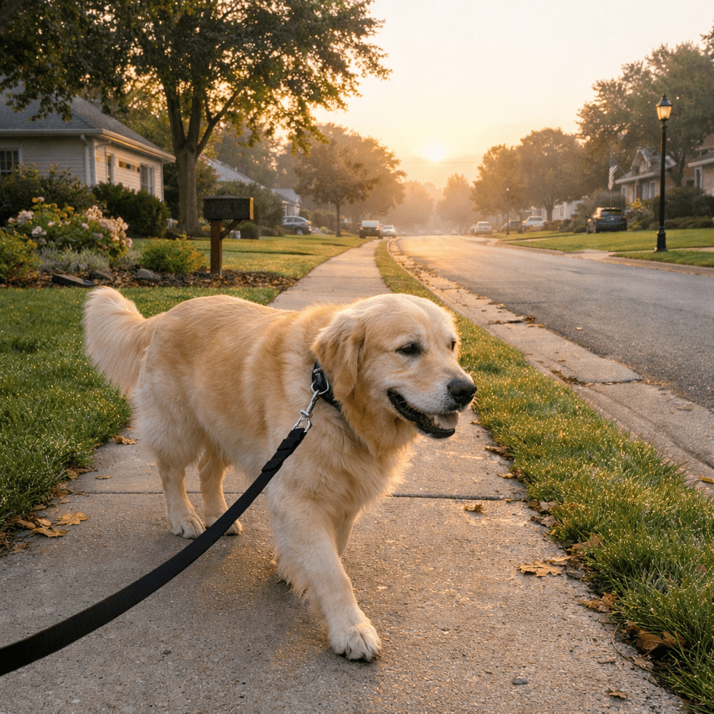 Golden retriever on leash walking on a sidewalk in a suburban neighborhood at sunrise